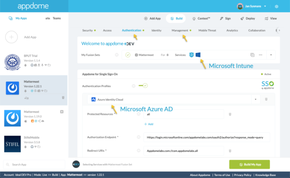 Build my App - multi-service integration (Intune + Azure AD) to Mattermost Android app on Appdome