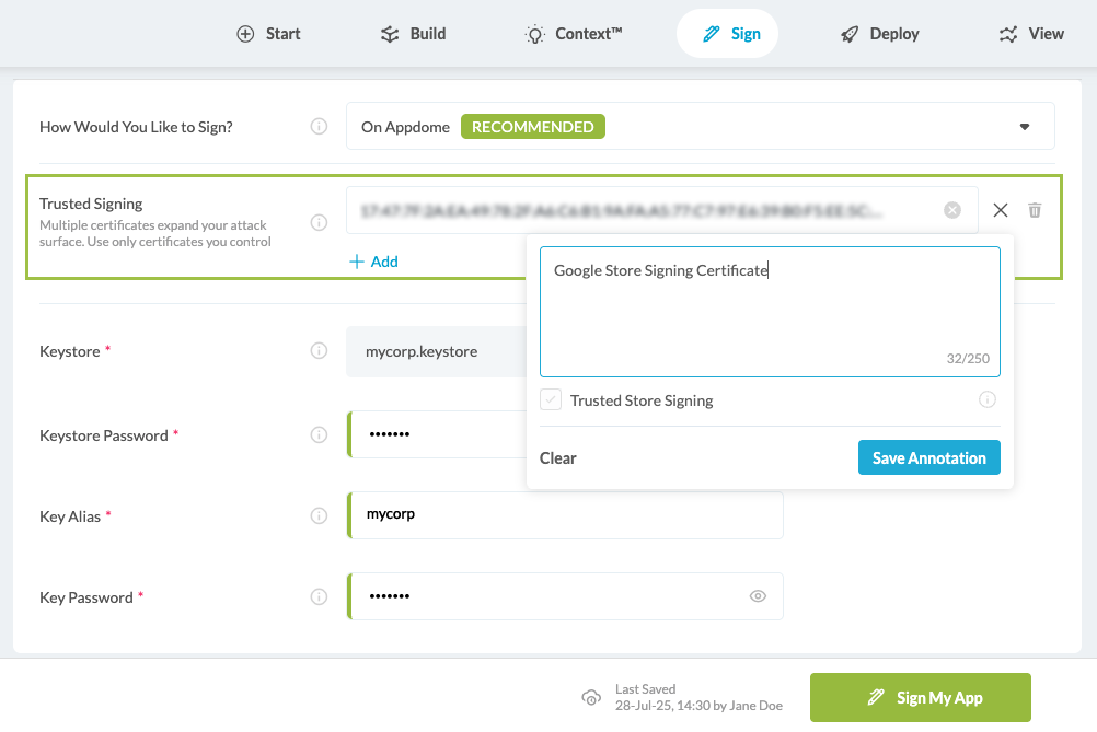 Android Sign On Appdome W Sha1