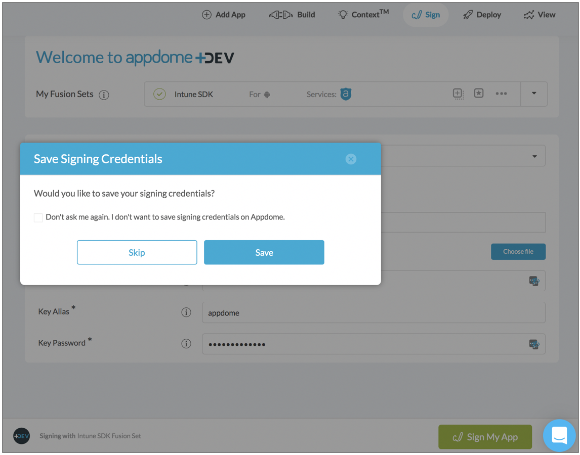 saving signing credentials on Appdome - Signing Android Apps 