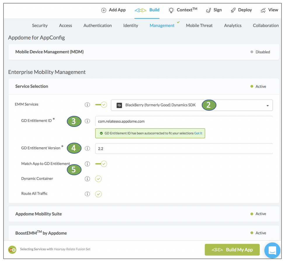 service selection on appdome for Blackberry Dynamics SDK 