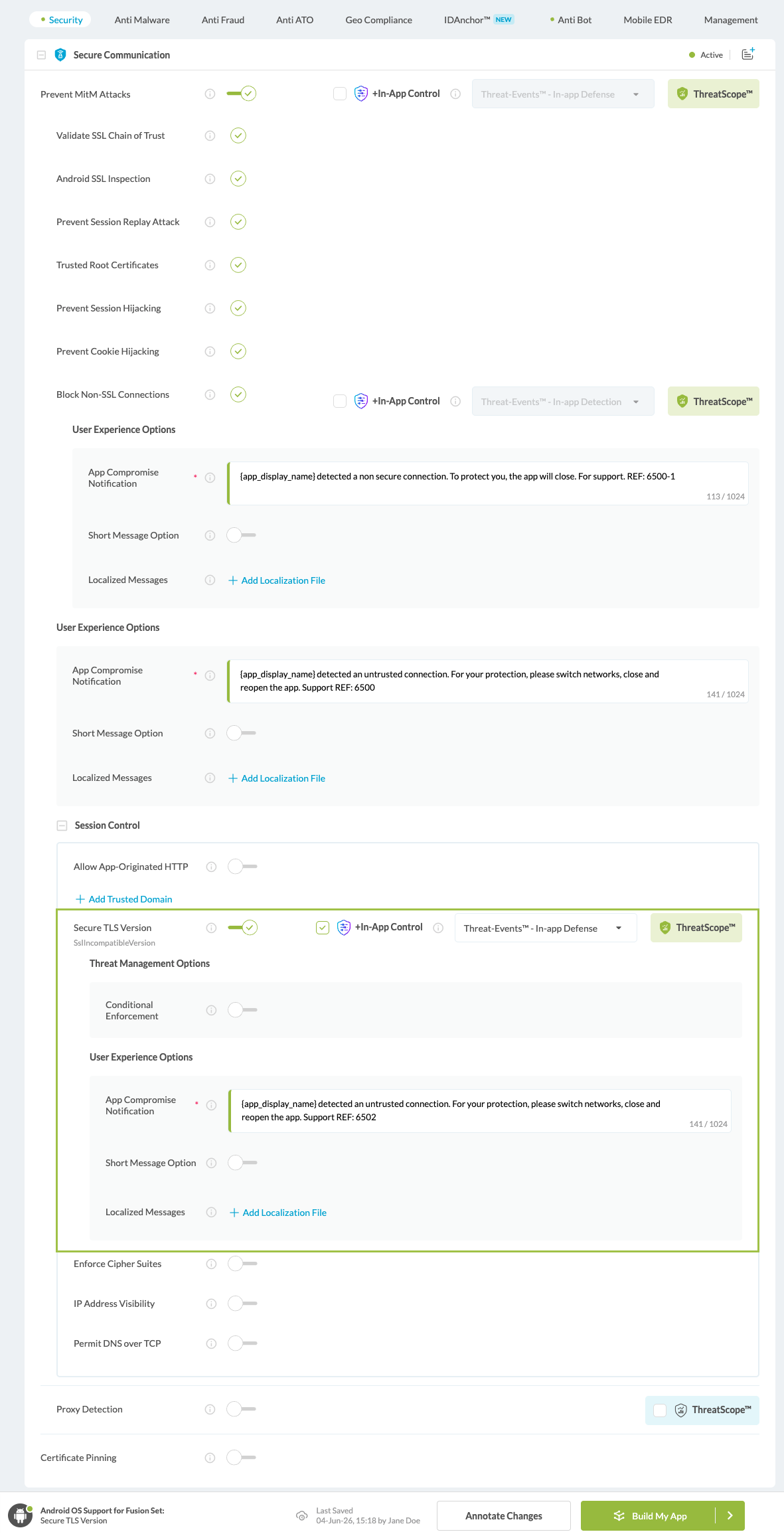 Secure TLS Version option