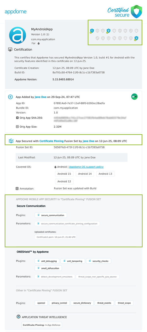 Certificate Pinning shown in Certificate secure