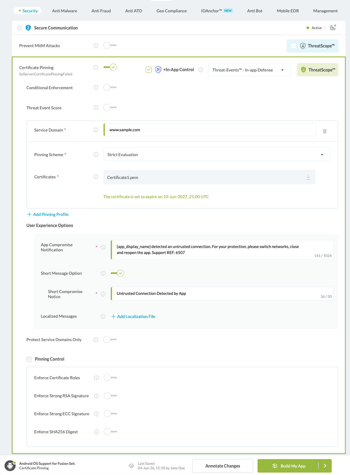 Certificate Pinning option
