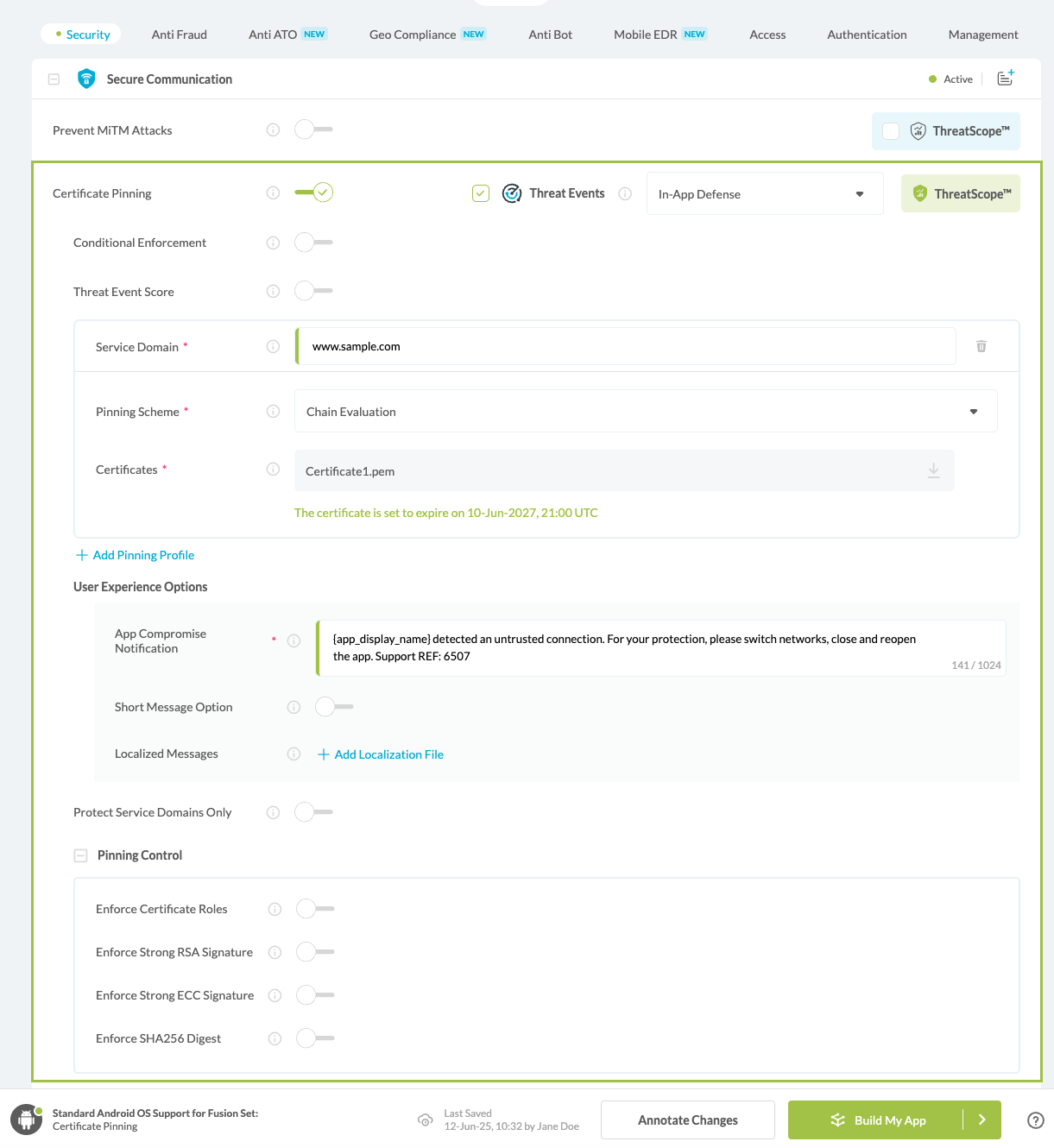 Certificate Pinning option