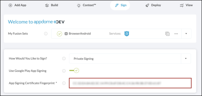 Example of private signing an app with Appdome for Google App Signing