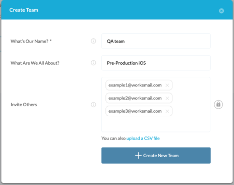 Create new team dialog box