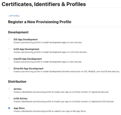 Select requested Distribution/Development type when registering a new provisioning profile