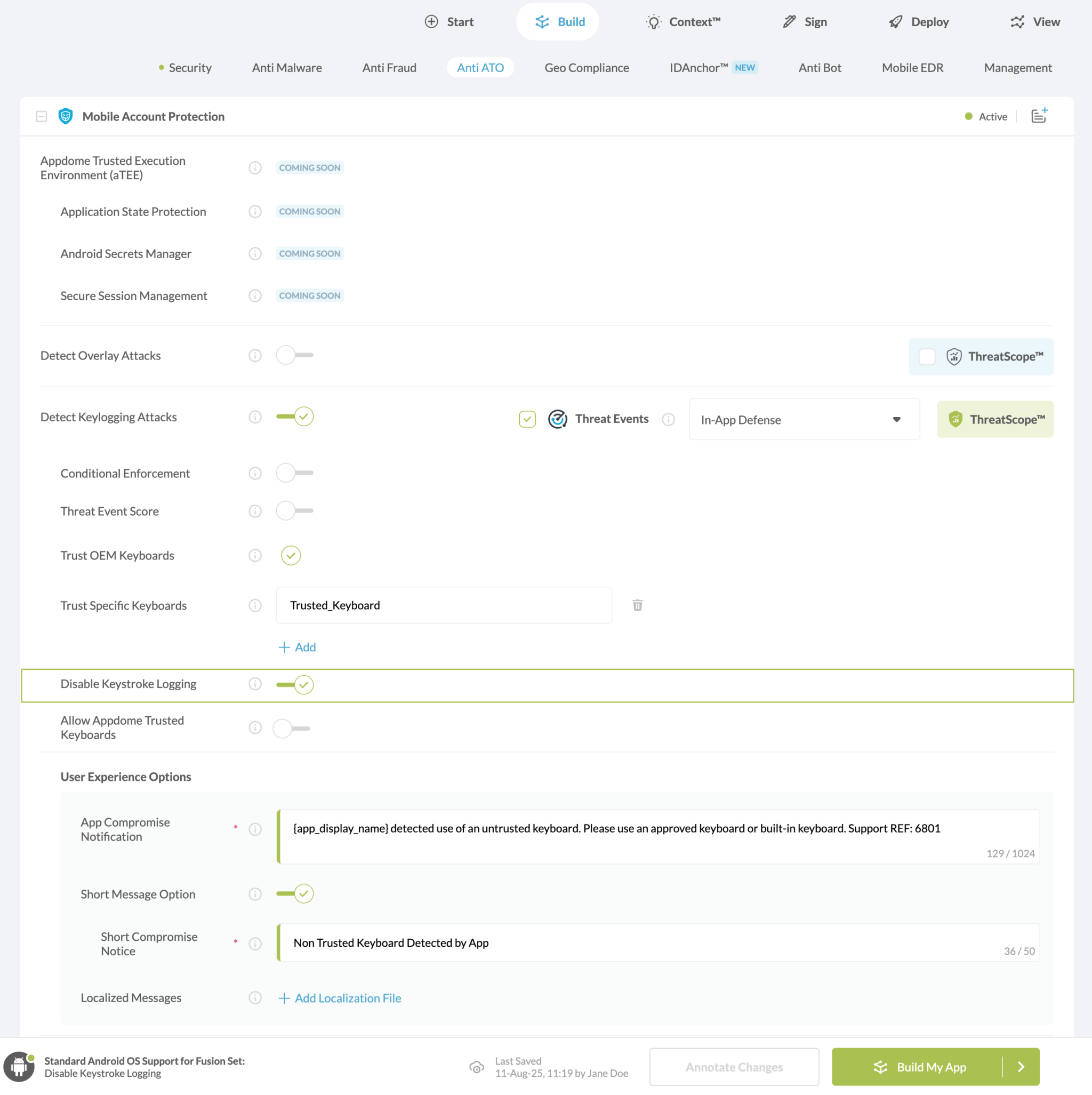 Detect Keylogging Attacks > Disable Keystroke Logging option