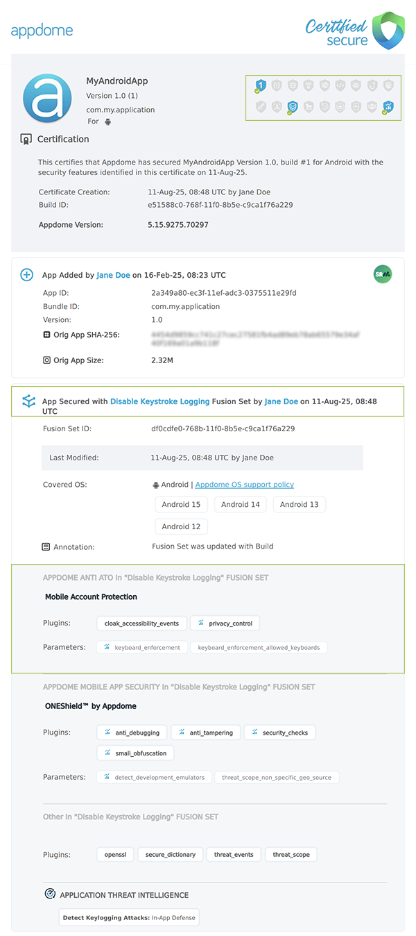 Detect Keylogging Attacks > Disable Keystroke Logging shown in Certificate secure