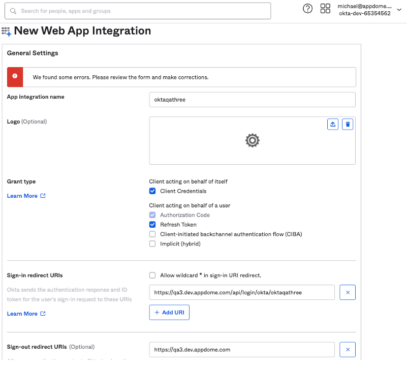 New Web App Integration - Sign Out redirect URIs