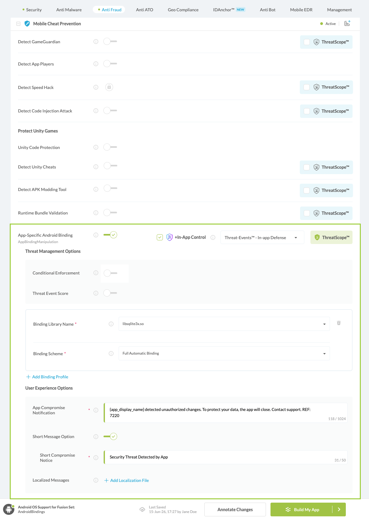 App-Specific Android Bindings option