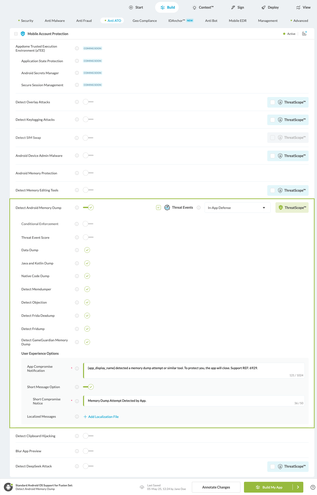 Detect Android Memory Dump option