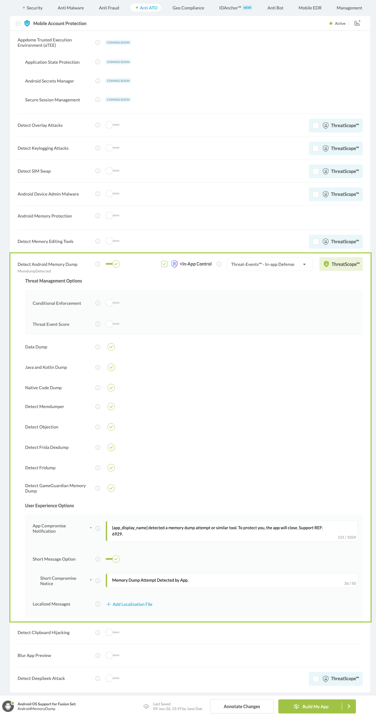 Detect Android Memory Dump option