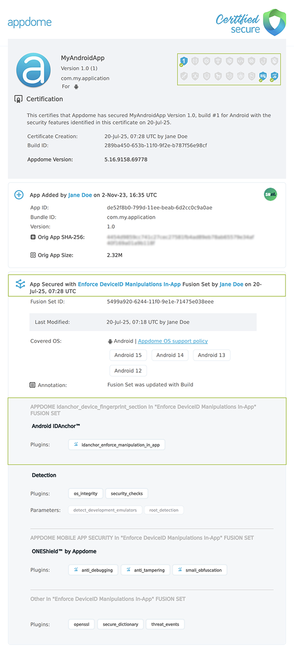 Enforce Device ID Manipulations In App shown in Certificate secure