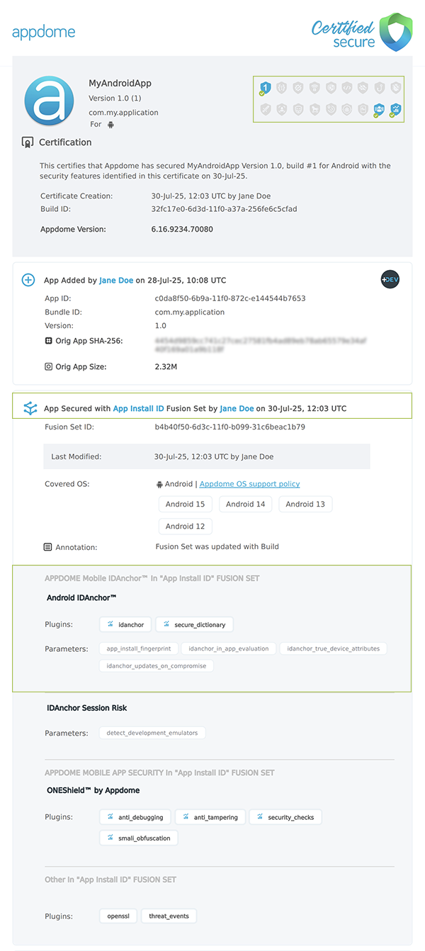 App Install ID shown in Certificate secure