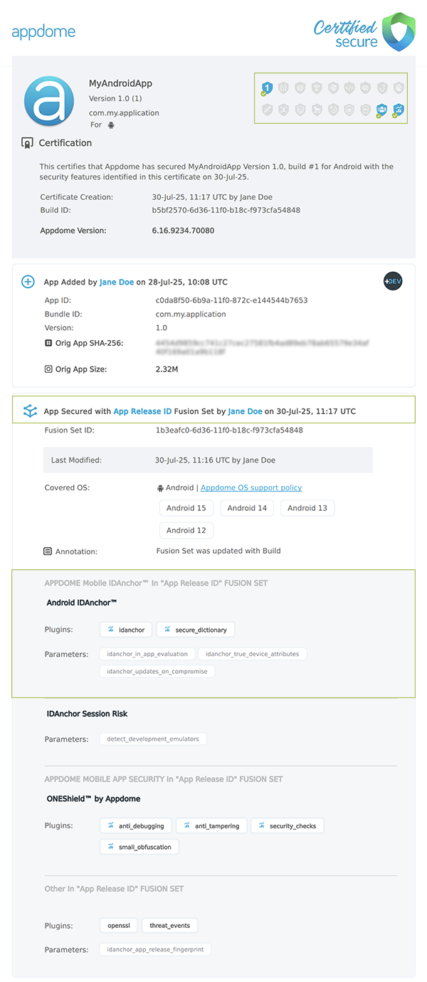 App Release ID shown in Certificate secure
