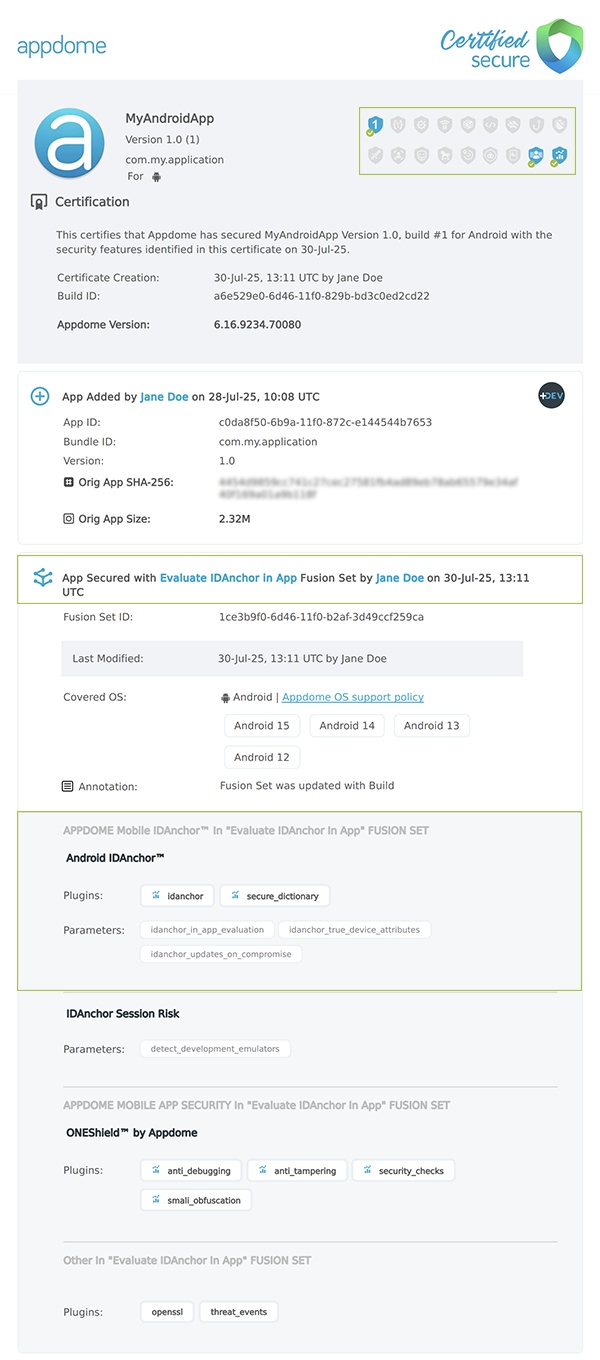 Evaluate IDAnchor in App shown in Certificate secure