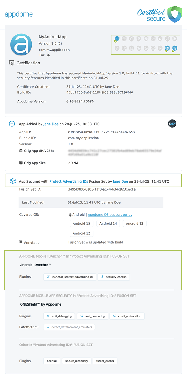 Prevent Advertiser ID Cycling shown in Certificate secure