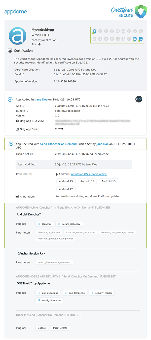 Send IDAnchor on Demand shown in Certificate secure