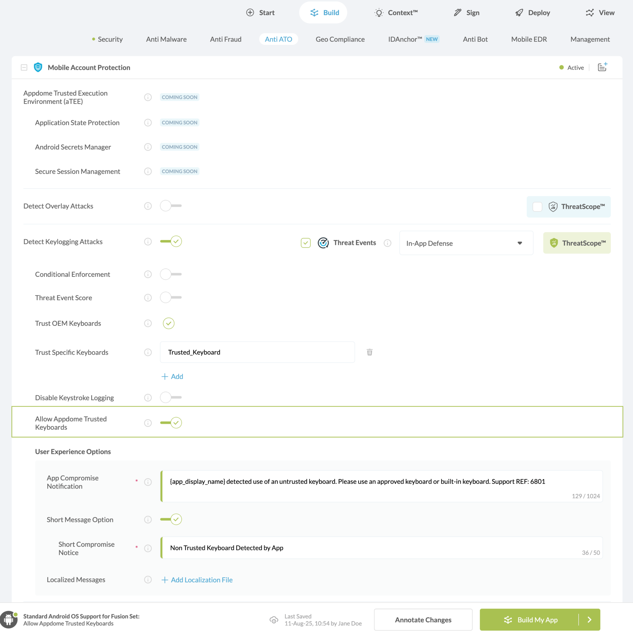 Allow Appdome Trusted Keyboards option