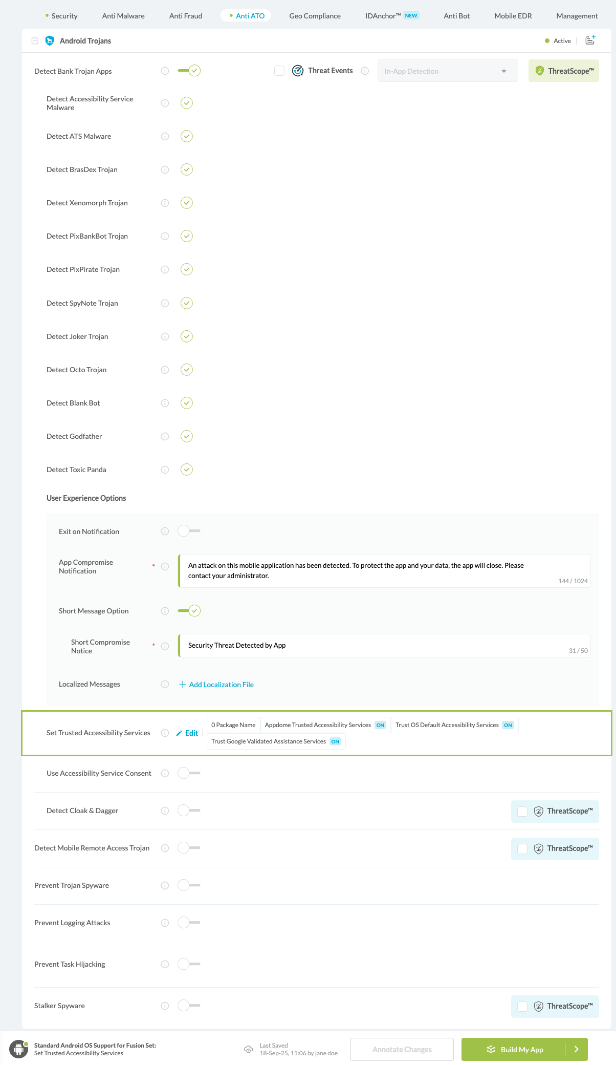 Appdome Trusted Accessibility Services option