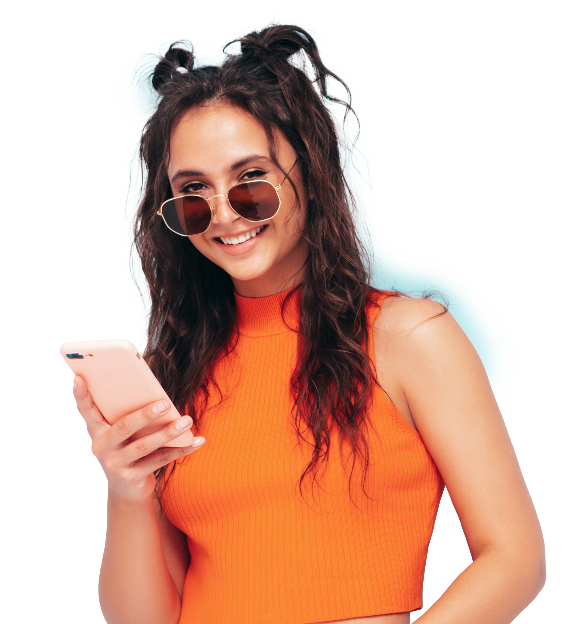 Smiling Female Orange Top Smartphone Apps