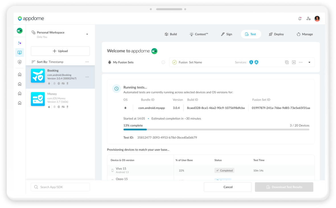 Appdome Testing Platform Page