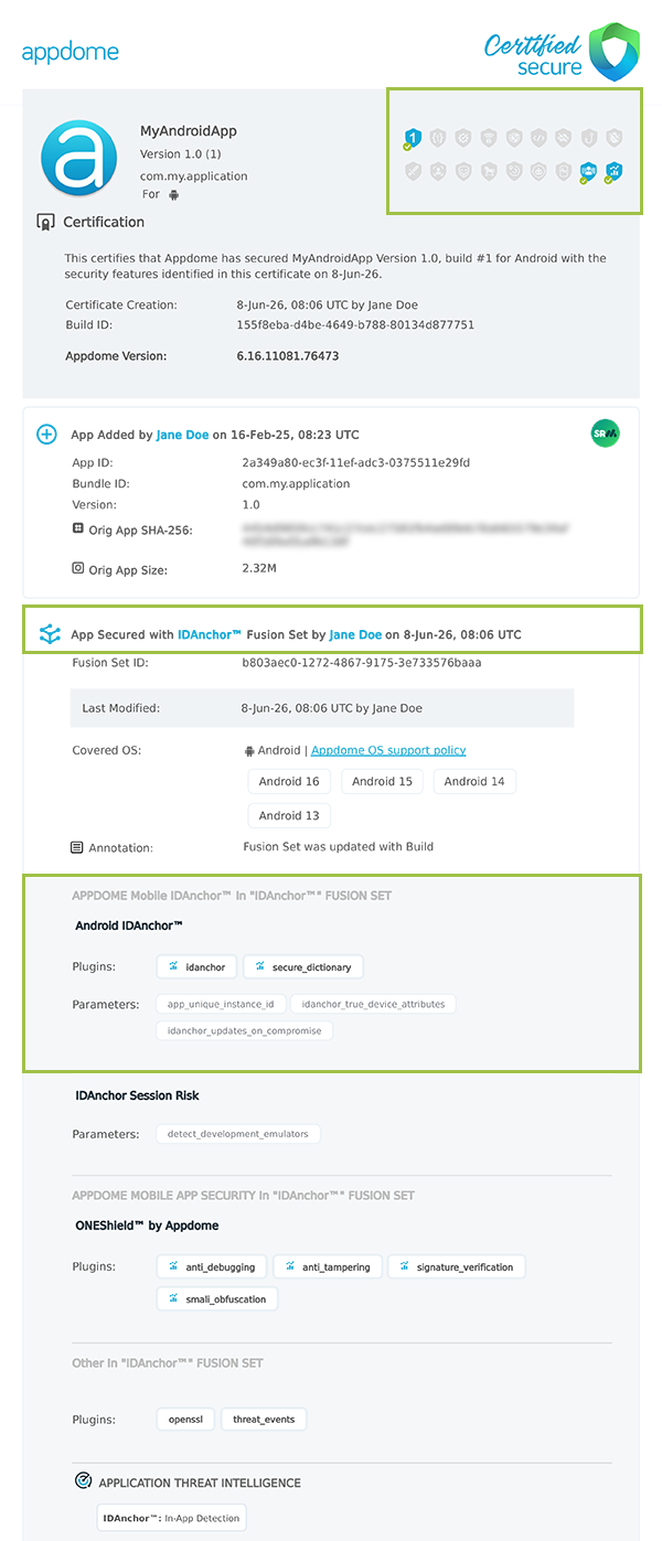 App Instance ID shown in Certificate secure