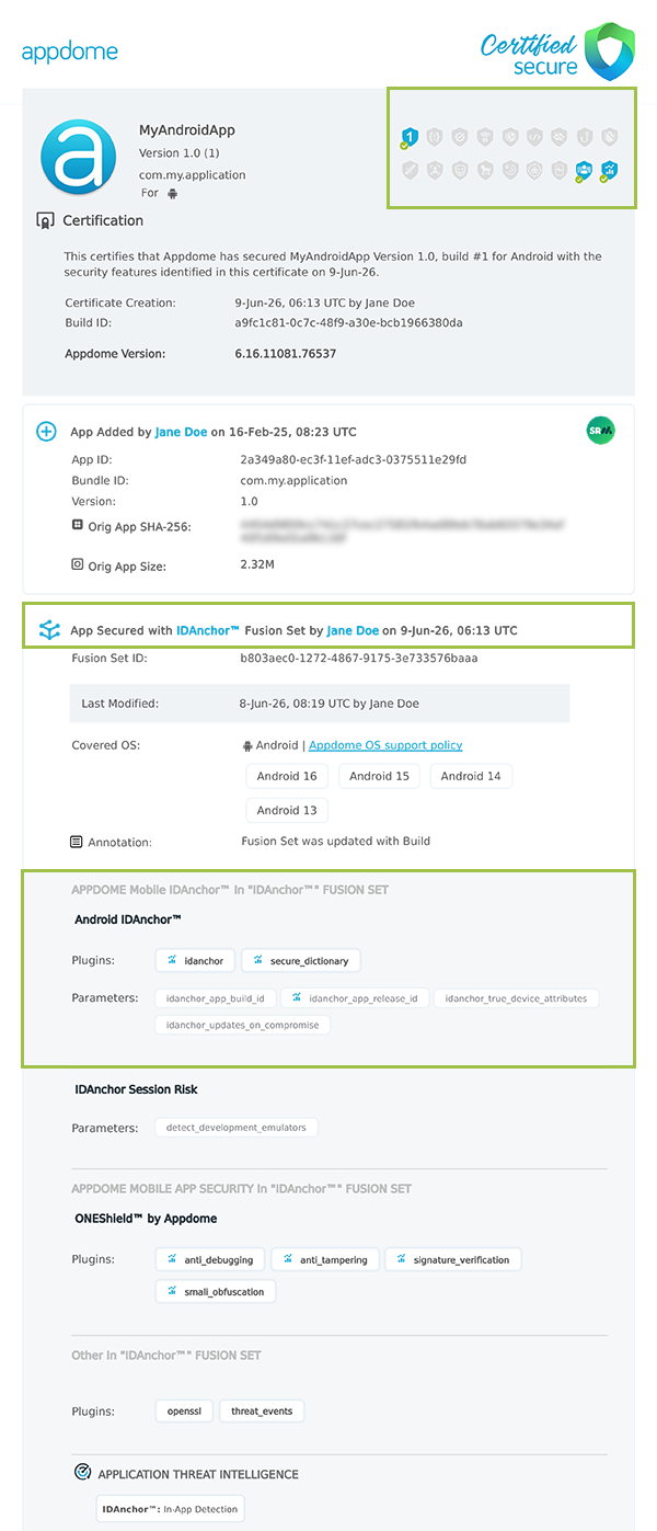 App Build ID shown in Certificate secure