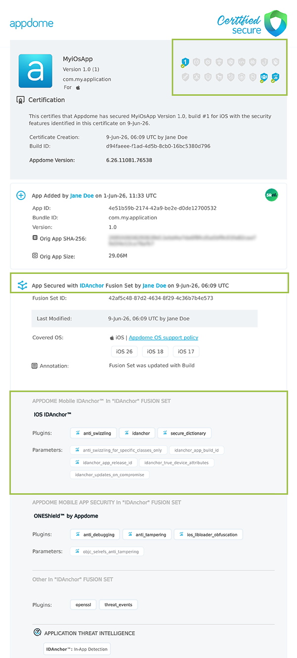 App Build ID shown in Certificate secure