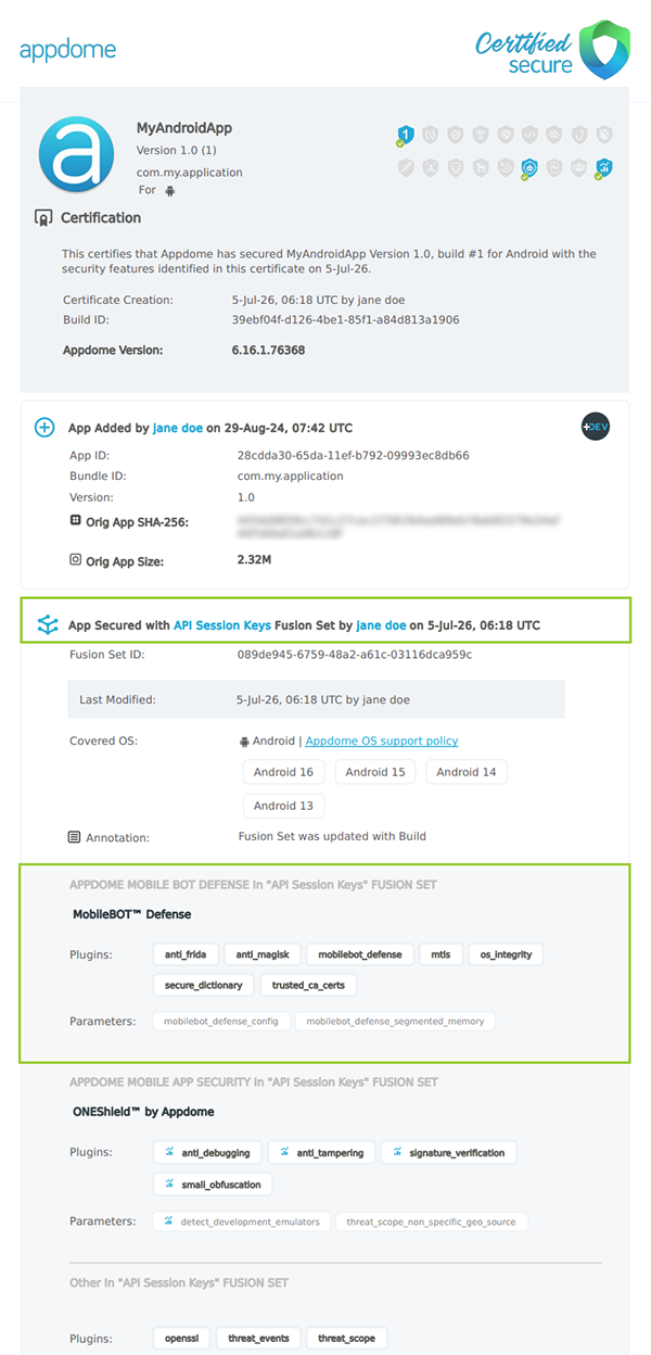 API Session Keys shown in Certificate secure