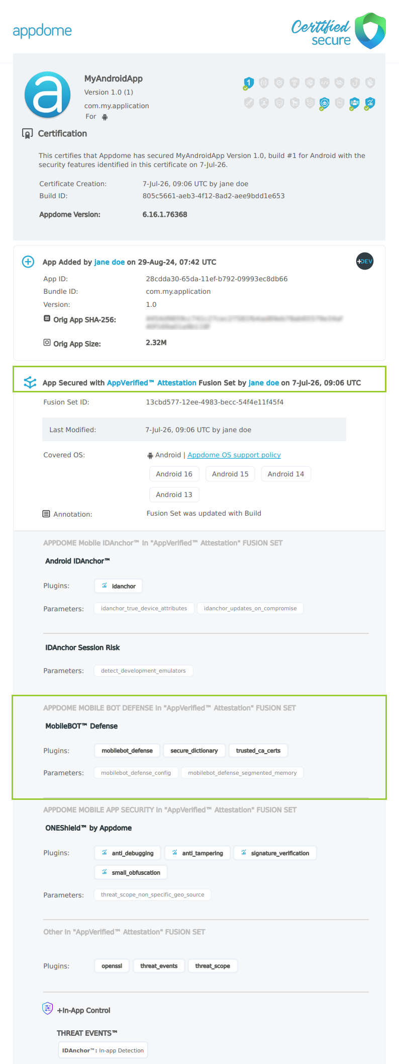 AppVerified™ Attestation shown in Certificate secure