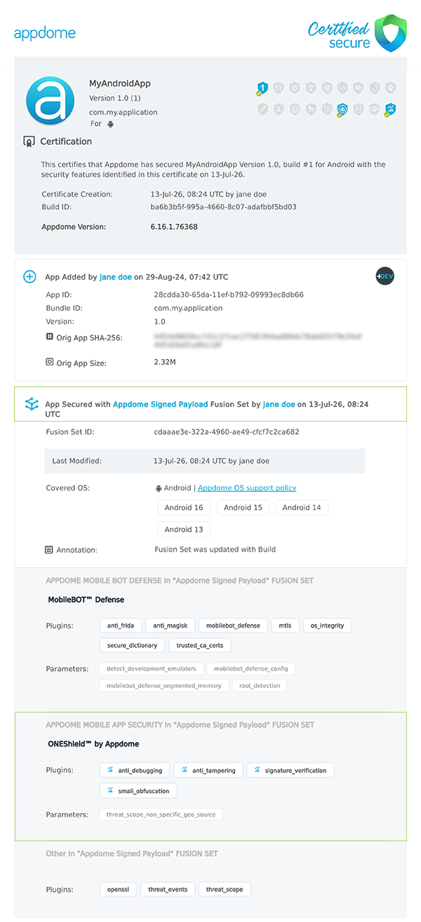Appdome Signed Payload shown in Certificate secure