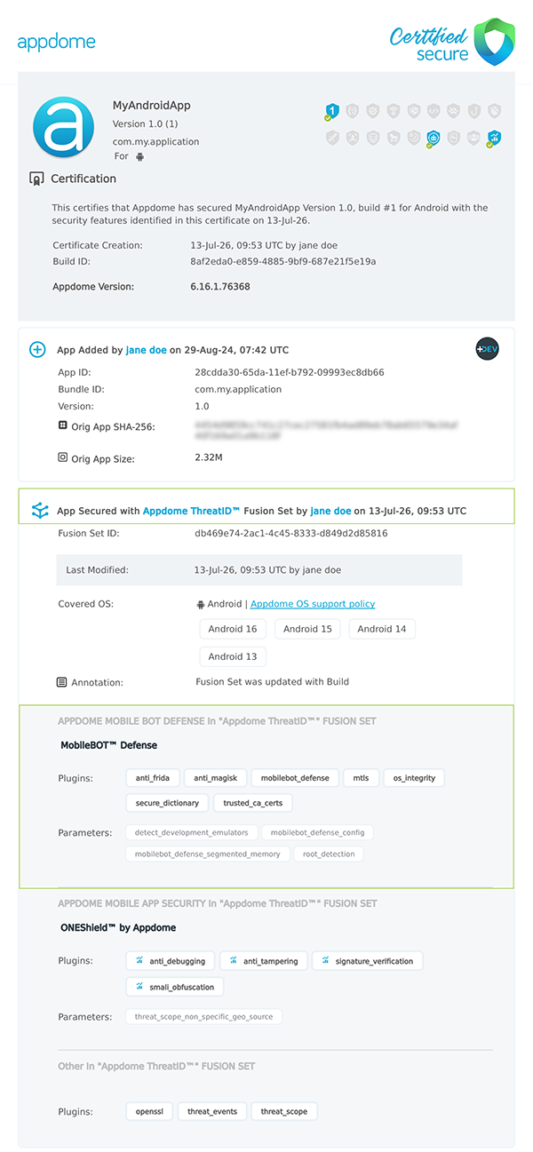 Appdome ThreatID™ shown in Certificate secure