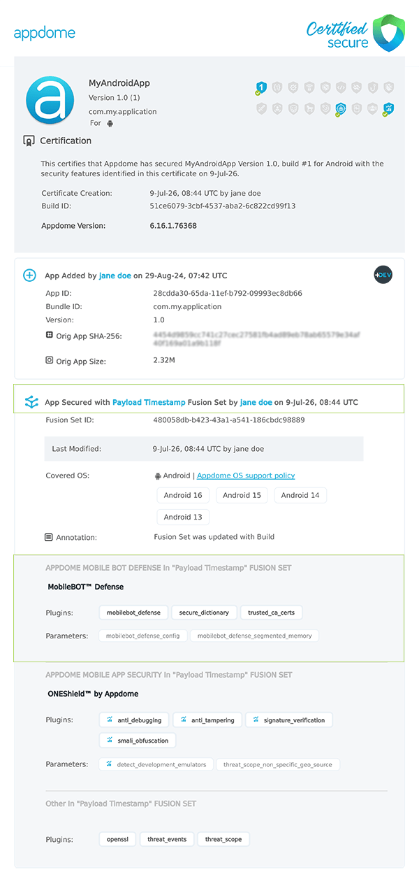 Payload Timestamp shown in Certificate secure