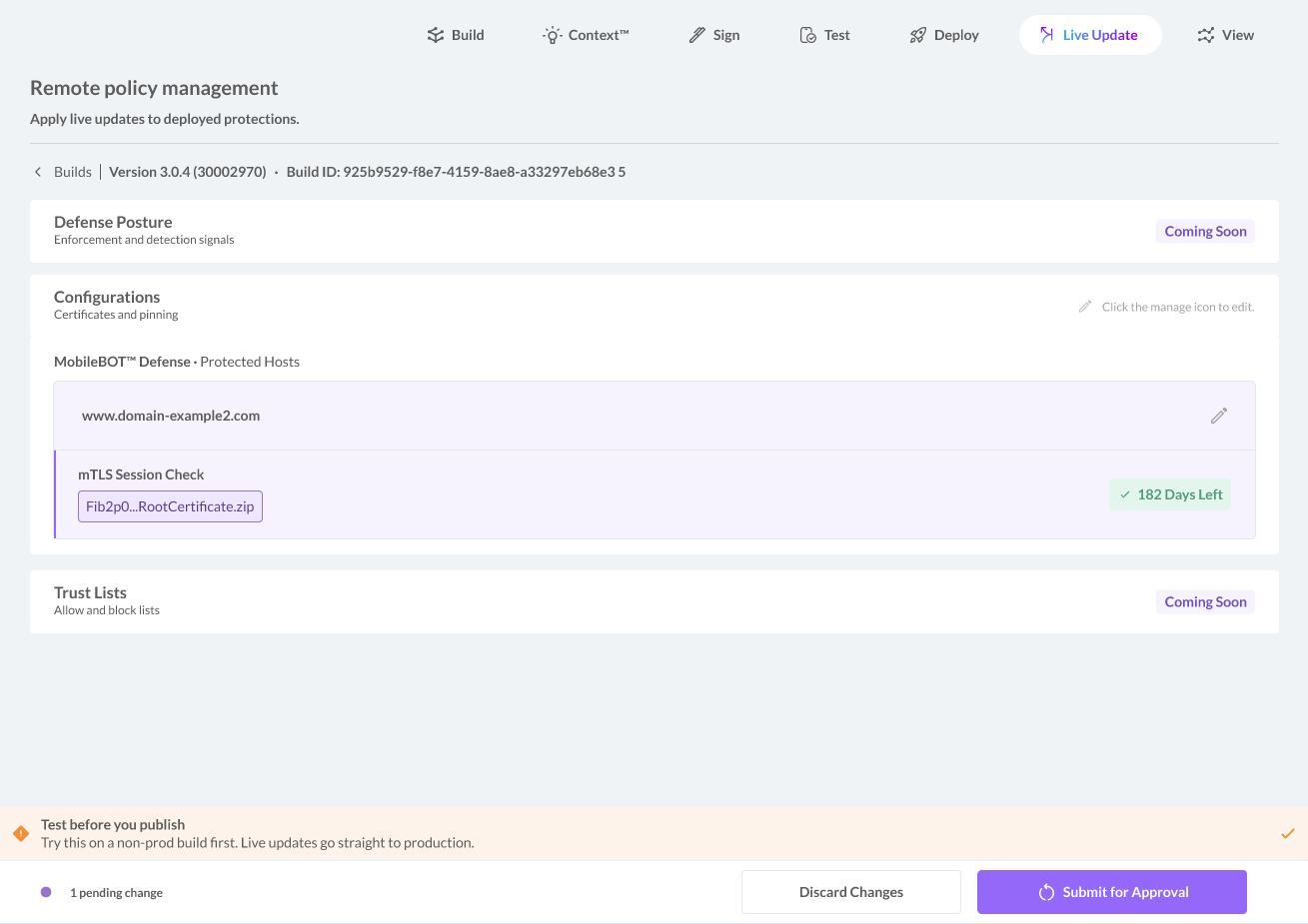 Live Update Pending change - submit for approval