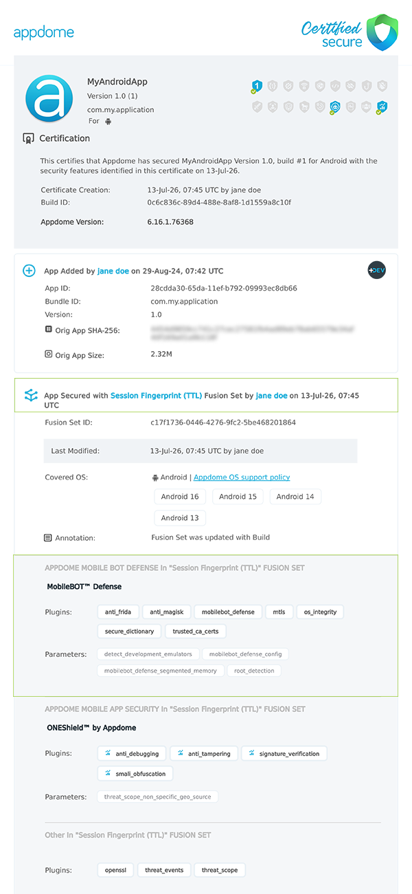 Session Fingerprint (TTL) shown in Certificate secure